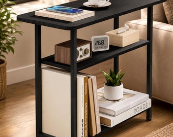 3 Tier Side Table for Living Room, Narrow End Table with Storage Shelves, Black Nightstand for Bedroom, Sofa Couch Accent Table