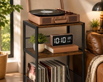 Record Player Stand with Vinyl Storage, 3 Tier Side Table for Up to 100 Albums, Rustic End Table, Turntable Stand for Living Room & Bedroom