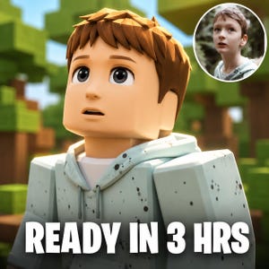 May include: A blocky, voxel-style character with brown hair and large eyes, wearing a light blue speckled hoodie. A circular inset shows a photograph of a young person. The text READY IN 3 HRS is displayed at the bottom of the image.