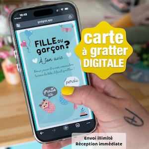 Puede incluir: Un teléfono inteligente muestra un juego digital de tarjeta de rascar para revelación de género con el texto en francés FILLE ou garçon, À ton avis, gratte ici y perdu. La pantalla incluye ilustraciones de un bebé, globos y juguetes.