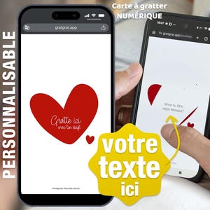 Peut inclure: Deux smartphones affichant une interface de carte à gratter numérique. Les écrans présentent un grand cœur rouge avec le texte 'Gratte ici avec ton doigt' et un second écran montrant 'Veux tu être mon témoin?' avec une zone partiellement grattée.