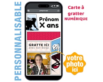 Invitation Anniversaire Ninja Virtuelle, Carte à Gratter Numérique Manga avec Photo, E-Carte Personnalisable, Envoi SMS WhatsApp Mail