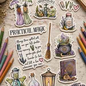 May include: A collection of die-cut stickers featuring illustrations of witches, a cauldron, a broom, a lantern, a spell book, and a blender with margaritas. Text includes "Midnight Margaritas," "Practical Magic," and a quote about salt, rosemary, and lavender.