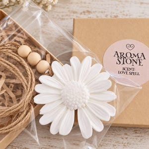 May include: A white daisy-shaped aroma stone with a textured center, attached to a jute twine cord with three light-colored wooden beads. The item is packaged in a clear plastic bag with a round sticker labeled AROMA STONE SCENT: LOVE SPELL.