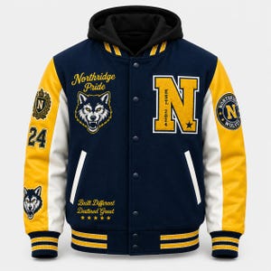 May include: A navy blue and yellow varsity jacket with a black hood. The front features a wolf graphic, the text Northridge Pride, Built Different Destined Great, and a large letter N with EST 2024. The sleeves have wolf and number 24 patches.