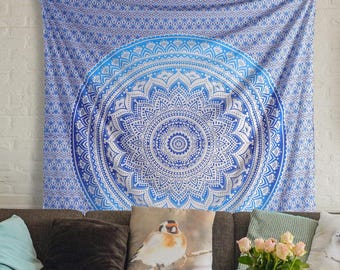 Blue Ombre Mandala Tapestry,Indian Cotton Wall Hanging,Bohemian Cotton Bedroom Tapestry,Decoration Art Beach Blanket Tapestry