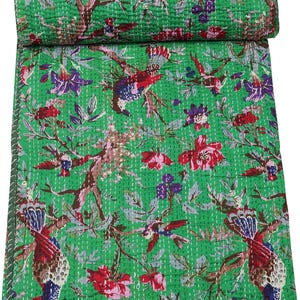 Indian Handmade  Kantha Quilt, Boho  Floral Bird Block Print Bedspread King Size Kantha Throw Blankets,Beautiful Bohemian Bedding Blankets