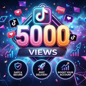 Puede incluir: Un gráfico digital que presenta el logotipo de TikTok sobre el texto grande 5000 VIEWS. Debajo hay tres iconos circulares con el texto SAFE & SECURE, FAST DELIVERY y BOOST YOUR ACCOUNT, sobre un fondo cósmico de colores neón vibrantes.