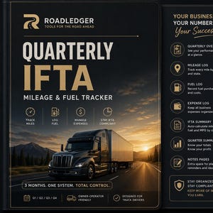 Op de afbeelding: Een zwarte Roadledger Quarterly IFTA Mileage & Fuel Tracker planner met een vrachtwagen op een snelweg bij zonsondergang. De omslag bevat tekst over zakelijke trackingfuncties, terwijl de zijkant gekleurde tabbladen toont voor dashboard, kilometerstand, brandstof, onkosten, IFTA-overzicht en notities.