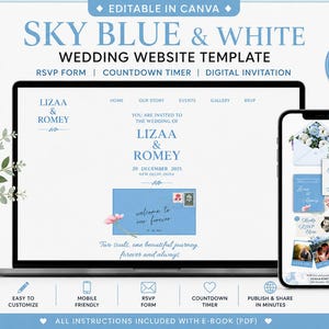 Sky Blue Wedding Invitation Website Template, Editable Digital Invite (Canva)
