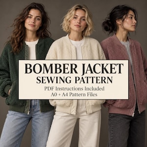 May include: A digital sewing pattern for a bomber jacket, featuring text that reads BOMBER JACKET SEWING PATTERN, PDF Instructions Included, and A0 + A4 Pattern Files, displayed over three fleece jackets in dark green, cream, and mauve.