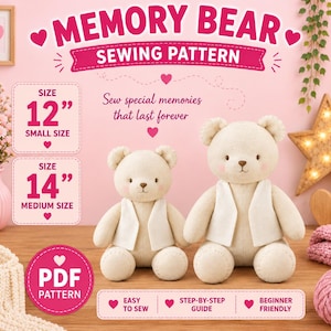 Nähvorlage für einen Erinnerungsbären (PDF), Teddybär-Schnittmuster, Andenkenbär-Schnittmuster, Patchwork-Bär, Nähvorlage für Stofftiere, 2 Größen