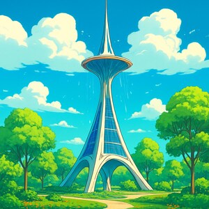 May include: A tall, white, futuristic tower with a flared, circular observation deck and a pointed spire, featuring blue glass panels along its structure, set against a bright blue sky with white clouds and surrounded by lush green trees.