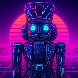 May include: A nutcracker figurine featuring a dark surface with glowing blue and pink neon circuit-like patterns. The figure has bright blue glowing eyes, a tall hat, and a detailed mustache, set against a backdrop of a pink sun and grid.