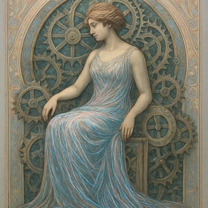 Puede incluir: Una escultura en relieve que representa una figura con el pelo corto que lleva un vestido fluido y plisado en tonos azules y rosas. La figura se sitúa sobre un fondo de intrincados engranajes mecánicos entrelazados en tonos bronce y verde azulado.