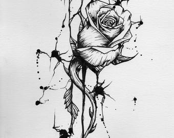 Realistic Rose Ink Art Print | Botanical Gothic Wall Art | Dark Romance Decor | Hand Drawn Indian Ink Print, Tattoo Flash A4