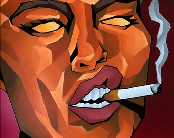Colourful Face Acrylic Painting Print – Woman Smoking, Pop Art Wall Decor (A4 Giclée)