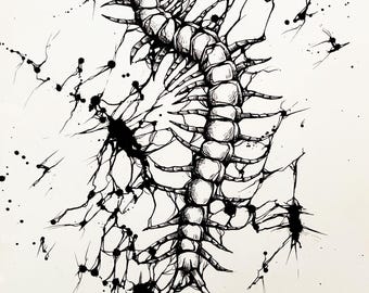 Centipede Ink Art Print | Gothic Insect Wall Decor | Dark Academic Illustration | Curiosities Oddities Poster, Tattoo Flash, Giclée print A4