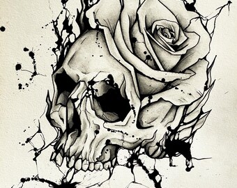 Skull Rose Ink Art Print | Gothic Floral Wall Decor | Dark Surrealism Indian Ink Drawing | Tattoo Flash Poster, Macabre Valentine Gift A4