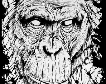 Gorilla Ink Illustration Print | Realistic Animal Wall Art | Dark Surrealism Gothic Decor | Indian Ink Drawing, Tattoo Flash Giclée Print A4