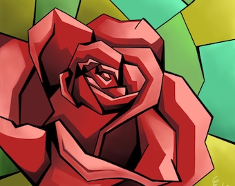 Red Rose Pop Art Print | Stained Glass Effect Flower Print | Colourful Geometric Floral Wall Decor | Bright Botanical | 20x20cm/8”x8”