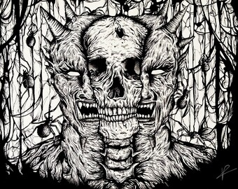 Three Faced Skull Art Print | Gothic Wall Decor | Dark Surrealism Indian Ink Drawing | Macabre Aesthetic | A4 Giclée Paper
