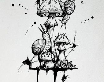 Snails and Mushroom Art Print | Gothic Nature Wall Decor | Dark Forest Ink Illustration | Whimsical Oddities Poster Giclée A4