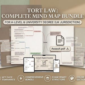 May include: A digital study resource titled Tort Law: Complete Mind Map Bundle for A-Level & University Degree (UK Jurisdiction). It features multiple pages of mind maps, a laptop, tablet, and smartphone displaying Assault.pdf with instant access.