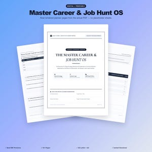 May include: A digital printable planner titled Master Career & Job Hunt OS, featuring a central page with the heading Career Command Center, sections for Vision & Strategy, Tracker & Logs, and Interview Prep & Offers, plus two side pages.