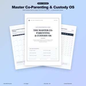 Può includere: Un planner digitale stampabile Master Co-Parenting & Custody OS con una pagina di copertina centrale intitolata The Master Co-Parenting & Custody OS, affiancata da un calendario di custodia e un tracker dei pagamenti in bianco e nero.
