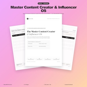 Könnte beinhalten: Ein digitaler und druckbarer Master Content Creator & Influencer OS Planer mit weißen Seiten und schwarzem Text. Die mittlere Seite zeigt den Titel, Felder für die Erstelleridentität sowie Symbole für Videoskripte, Sponsoring-CRM und SEO.
