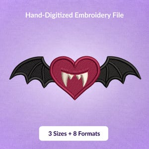 Vampire Heart Halloween Machine Embroidery Design – Bat Wings & Fangs Digital File, 3 Sizes