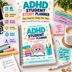Può includere: Un pianificatore di studio per studenti ADHD con rilegatura a spirale e un personaggio a forma di cervello dei cartoni animati con occhiali che legge un libro. La copertina presenta il testo ADHD Student Study Planner, Plan Smarter. Study Your Way. Small steps. Clear priorities. Big progress.