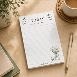 May include: A white rectangular notepad with the word TODAY printed at the top in dark brown text. The notepad features green leaf illustrations at the top and bottom, and a small illustration of a glass jar with flowers in the bottom right corner.