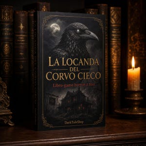 May include: A black book titled La Locanda del Corvo Cieco with gold lettering, featuring a large raven illustration, a full moon, and a dark house. The cover includes the text Libro-game horror a bivi and DarkTaleShop at the bottom.