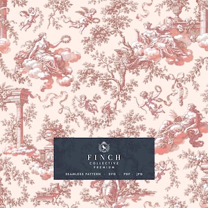 May include: A seamless pattern featuring a repeating toile design in dark red on a light pink background. The print depicts classical figures, cherubs, architectural columns, and floral elements. Text reads: FINCH COLLECTIVE PREMIUM SEAMLESS PATTERN SVG PDF JPG.