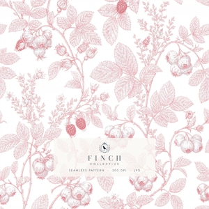 Pink Raspberry Toile de Jouy Seamless Pattern, Digital File For Commercial Use, Berry Branch Fabric Print, Vintage Floral Digital Paper JPG