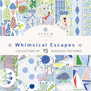 May include: A digital collection of 15 seamless patterns titled Whimsical Escapes by Finch Collective. The designs feature blue, white, red, and green illustrations including ice cream, dogs, sailboats, parrots, baseballs, and floral motifs.