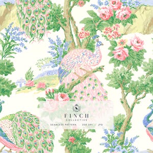 Pink Peacock Seamless Pattern, Digital File For Commercial Use, Floral Tree Bird Fabric Print, Chinoiserie Digital Paper (JPG)