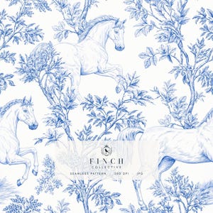 Könnte beinhalten: Ein nahtloses Muster mit blauen Tuschezeichnungen von Pferden, die zwischen Bäumen auf weißem Grund laufen. Der Text FINCH COLLECTIVE SEAMLESS PATTERN 300 DPI JPG ist in einem halbtransparenten weißen Kasten über dem Design zentriert.