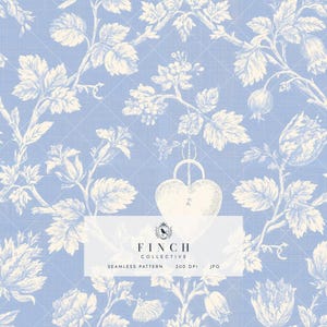 May include: A seamless pattern featuring a light blue background with white botanical illustrations of leaves, flowers, and a central heart-shaped padlock. The text FINCH COLLECTIVE SEAMLESS PATTERN 300 DPI JPG is centered over the design.