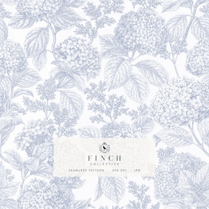 Op de afbeelding: Een naadloos patroon met gedetailleerde botanische illustraties van hortensiabloemen en bladeren in lichtblauwe tinten op een witte achtergrond. Een centraal rechthoekig label toont de tekst FINCH COLLECTIVE SEAMLESS PATTERN 300 DPI JPG.
