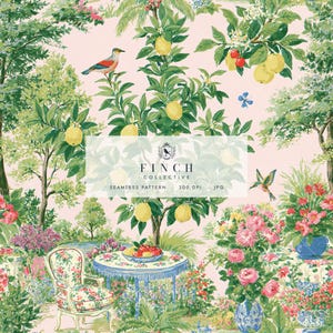 May include: A seamless pattern featuring a lemon tree with yellow fruit, green leaves, and white blossoms on a light pink background. The design includes a small table with a bowl of fruit, a floral chair, birds, and flowers with the text FINCH COLLECTIVE.