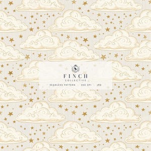 Op de afbeelding: Een naadloos patroon met gebroken witte, handgetekende wolken en goudkleurige sterren op een lichtbeige achtergrond met dunne verticale strepen. De tekst in het midden luidt FINCH COLLECTIVE SEAMLESS PATTERN 300 DPI JPG met een vogeltje.