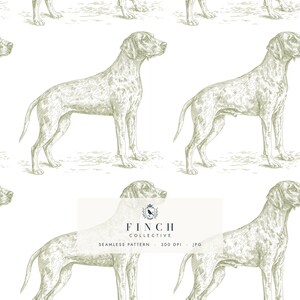 May include: A seamless pattern featuring a repeating illustration of a dog in a sage green ink style on a white background. The central text reads FINCH COLLECTIVE SEAMLESS PATTERN 300 DPI JPG with a small bird icon above the brand name.