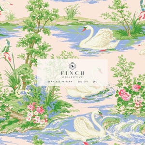 White Swan Seamless Pattern, Digital File For Commercial Use, Pastoral Lake Wildlife Fabric Print, Romantic River Digital Paper (JPG)