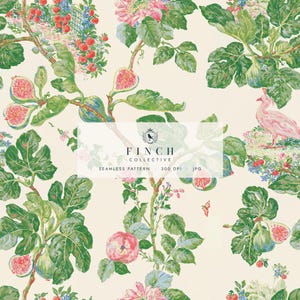 Diseño sin costuras de higuera en acuarela y pavo real rosa – Tela chintz Grandmillennial (descarga digital)