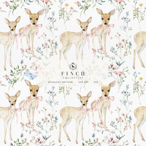 May include: A seamless digital pattern featuring watercolor illustrations of fawns with pink ribbons around their necks, surrounded by wildflowers and butterflies on a white background. The text reads FINCH COLLECTIVE SEAMLESS PATTERN 300 DPI JPG.