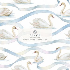 May include: A seamless pattern featuring white swans swimming on water, interspersed with flowing light blue ribbons. The center overlay displays the text FINCH COLLECTIVE, SEAMLESS PATTERN, 300 DPI, JPG, with a small bird icon above the text.