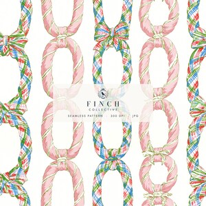 Scarf Chain Seamless Pattern, Digital File For Commercial Use, Pink Bow Plaid Fabric Print, Coquette Ribbon Digital Paper (JPG)